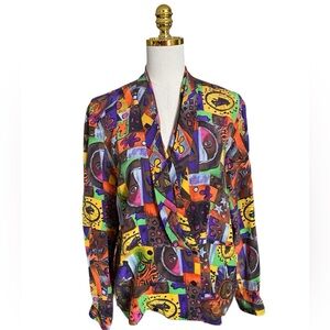 Nora Noh Women Vintage 90s Colorful Abstract Art Print 100% Silk Blouse Size 12